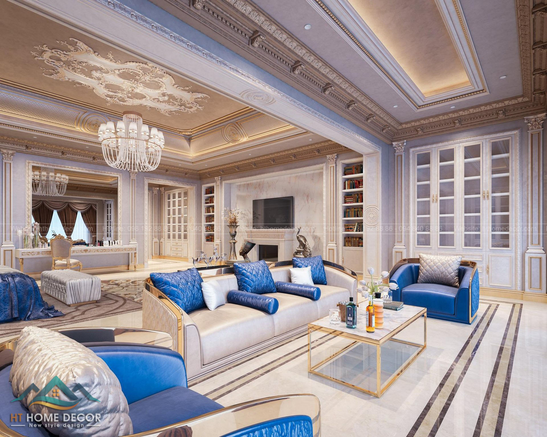 Gam màu sang trọng quý phái được sắp xếp hợp lí. Với bộ ghế sofa rộng rãi, gối tựa xanh dương nhấn nhá cho không gian biệt thự kiểu Anh sinh động. 