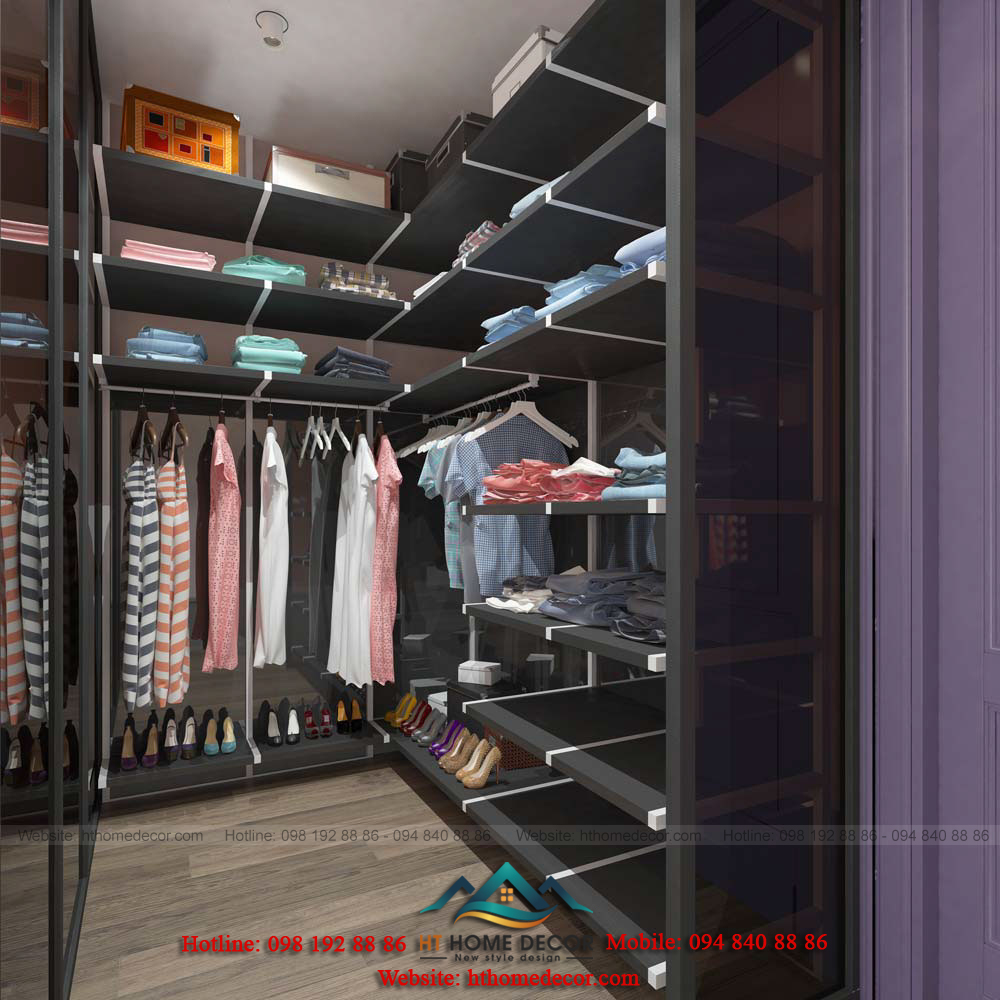 Hệ thống tủ đồ hoành tráng rộng rãi, thích hợp để đựng tất cả quần áo, giày, túi xách ...