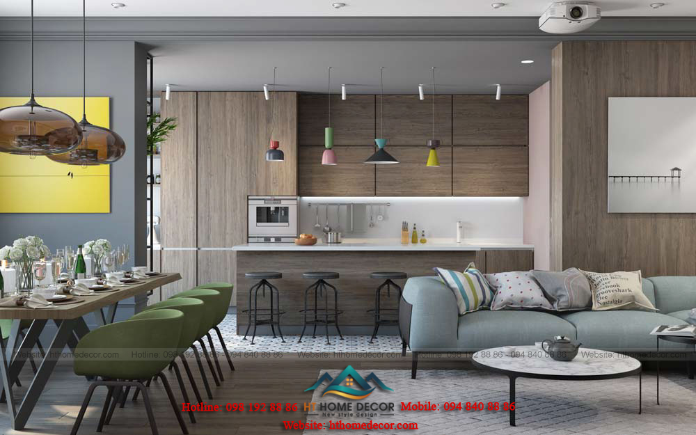 Phòng bếp hiện đại, được thiết kế đầy đủ nội thất. Những bóng đèn sặc sỡ màu sắc khác nhau cho không gian thêm sinh động.