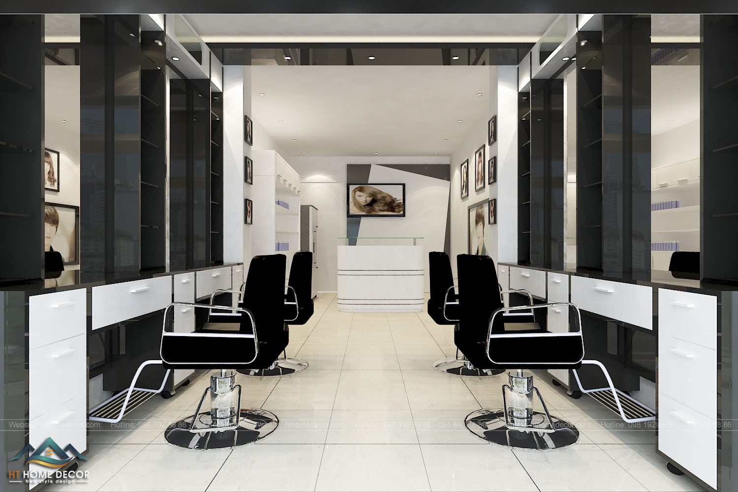 Tone màu trắng – đen thể hiện sự sang trọng và chuyên nghiệp của cửa hàng cắt tóc.