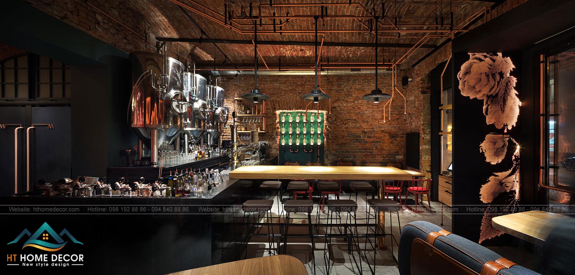 Cận cảnh không gian thiết kế nội thất nhà hàng bia vừa mang nét hiện đại vừa tạo nên cảm giác ấm cúng cho quý khách hàng.