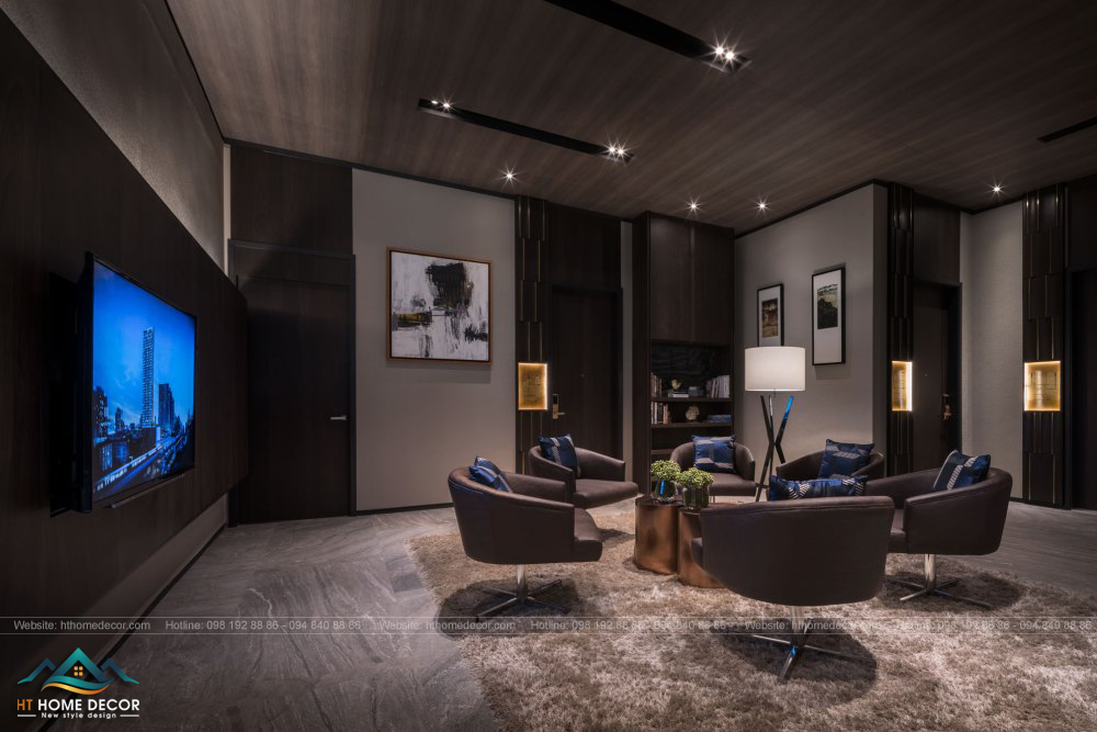 Thiết kế rất đơn giản, chỉ có bàn ghế và Tivi màn hình lớn nâng cao tính chuyên nghiệp của căn phòng trong thiết kế căn hộ