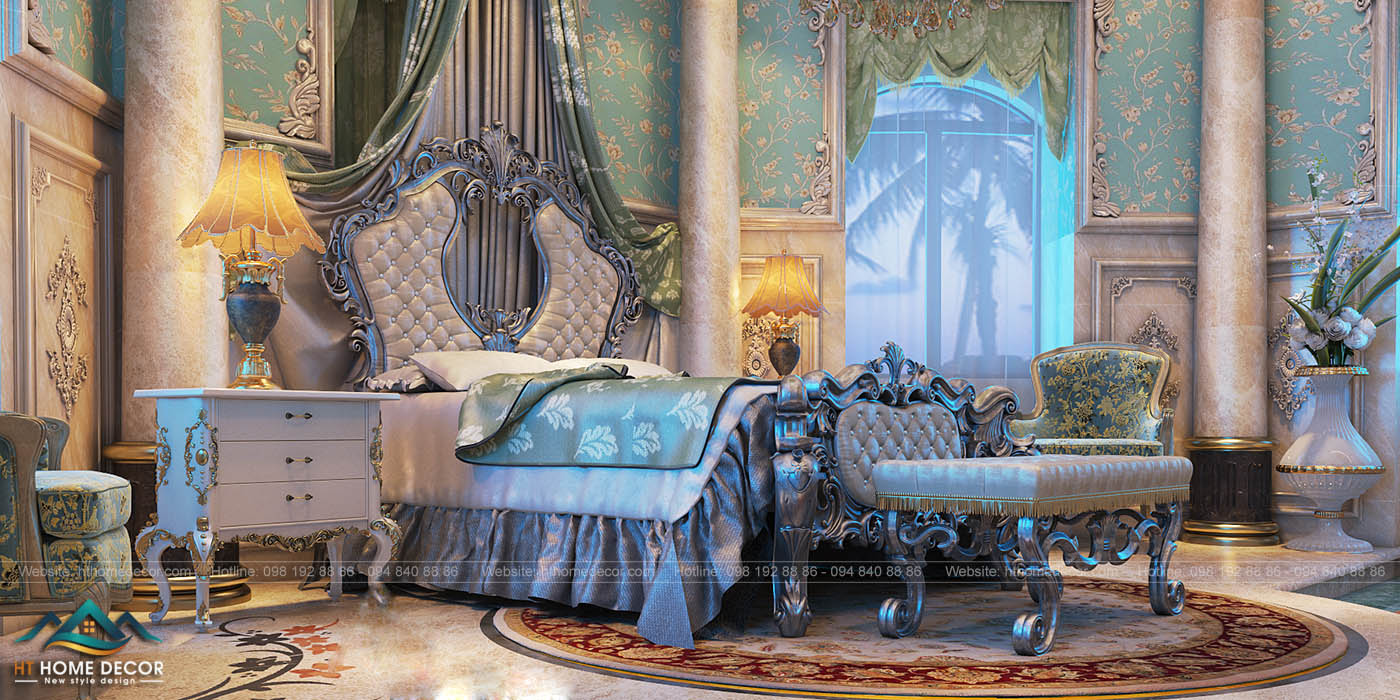 Đầu giường ngủ cách điệu nét cổ điển, tinh tế. Mô phỏng theo kiểu giường ngủ hoàng gia. 