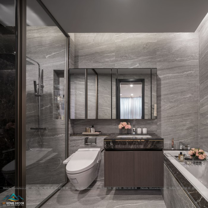 Phòng tắm trong thiết kế căn hộ được mang màu ghi sáng vô cùng nhã nhặn