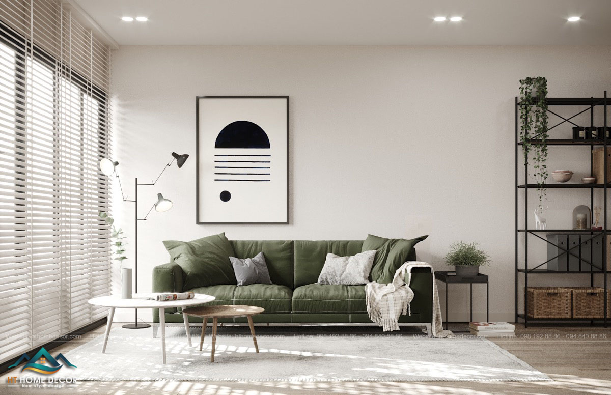 Bộ ghế sofa đen nổi bật trong phông nền trắng của căn nhà tối giản