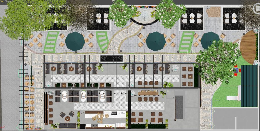 Mô hình chi tiết toàn cảnh không gian của quán cafe hiện đại từ trên cao nhìn xuống 