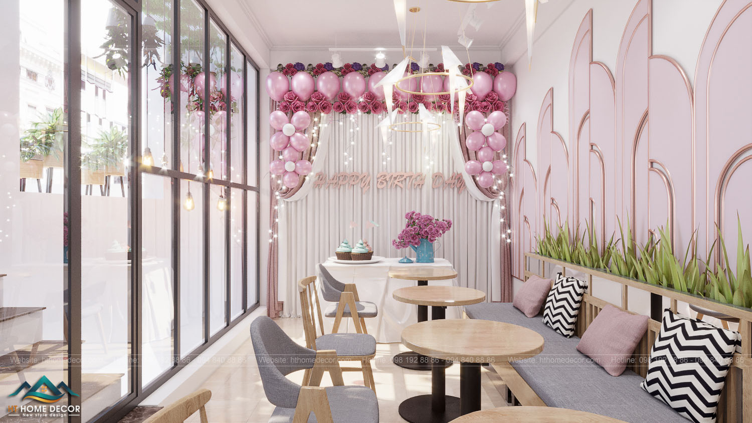 quán cà phê lãng mạn Trang hoàng lung linh với đèn chớp, bóng bay và hoa tone-sur-tone làm nên vẻ đẹp