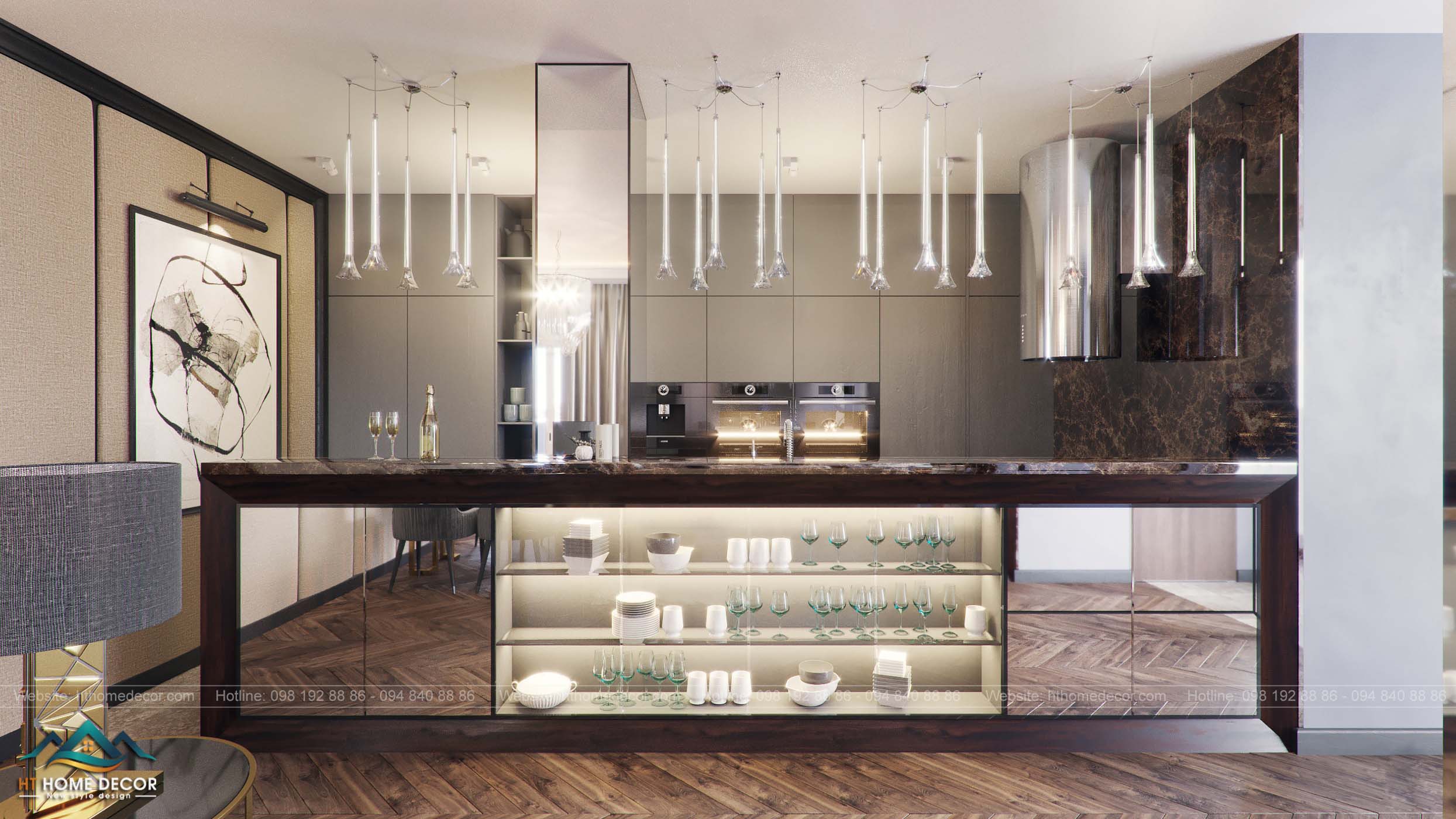 Tủ bếp rộng lớn và vô cùng hiện đại. Thay thế cho bức tường ngăn cách giữa phòng khách và nhà bếp. Một ý tưởng thiết kế độc đáo có đúng không nào?