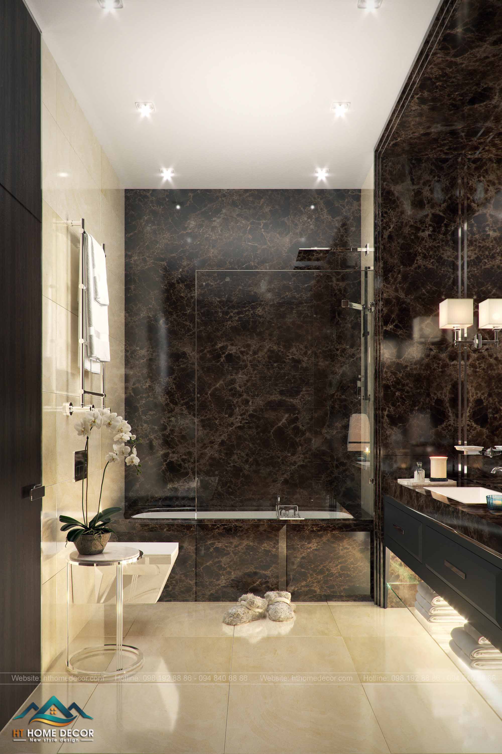 Phòng tắm ốp đá hoa cương lên tường. Cho cảm giác mát lạnh sạch sẽ. Bồn tắm được ngăn với bên ngoài bằng phông kính đảm bảo sự riêng tư.