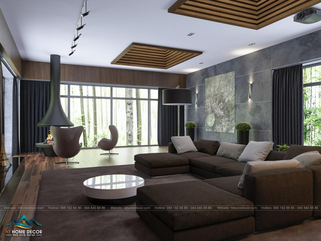 Không gian phòng khách hiện đại, quý phái với bộ sofa nâu đậm được thiết kế theo phong cách mang đến sự đơn giản nhưng không kém sang trọng
