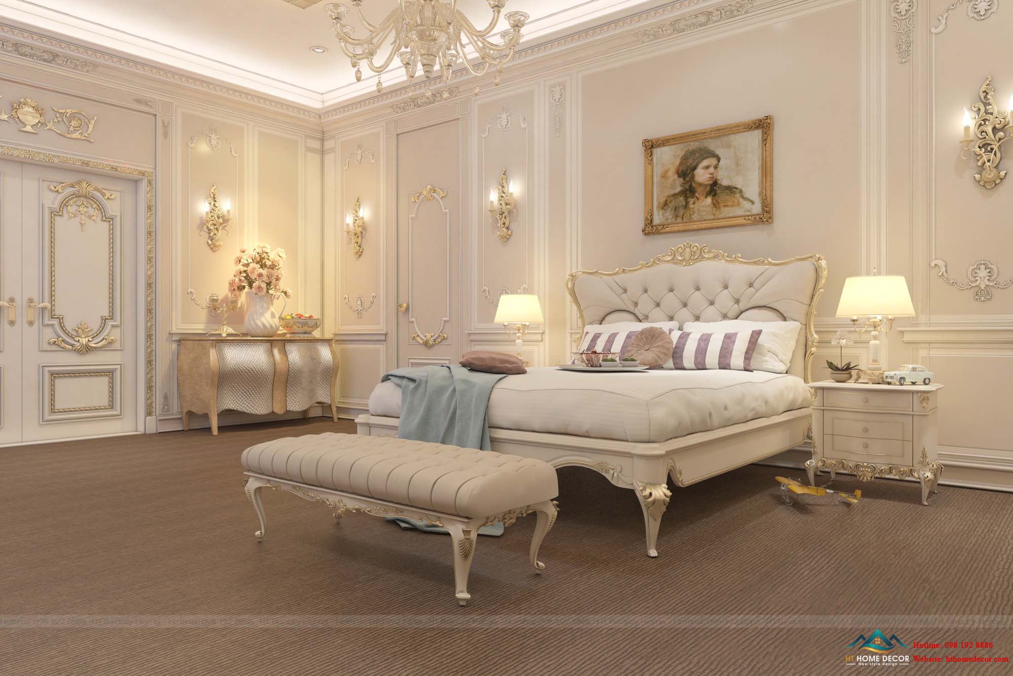 Nội thất phòng ngủ theo hơi hướng phong cách tân cổ điển sang trọng với một chiếc giường đẹp được thiết kế tỉ mỉ với những đường nét họa tiết vô cùng sang trọng.