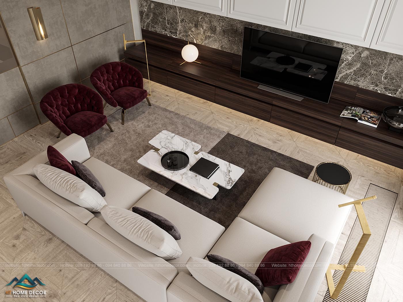 Phòng khách với đầy đủ những tiện nghi từ ghế sofa, cho đến Tivi, và hệ thống đèn điện, ánh sáng tự nhiên. Tone màu trắng và nâu gỗ và ghi xám đặc biệt được kết hợp trong thiết kế nội thất chung cư cao cấp