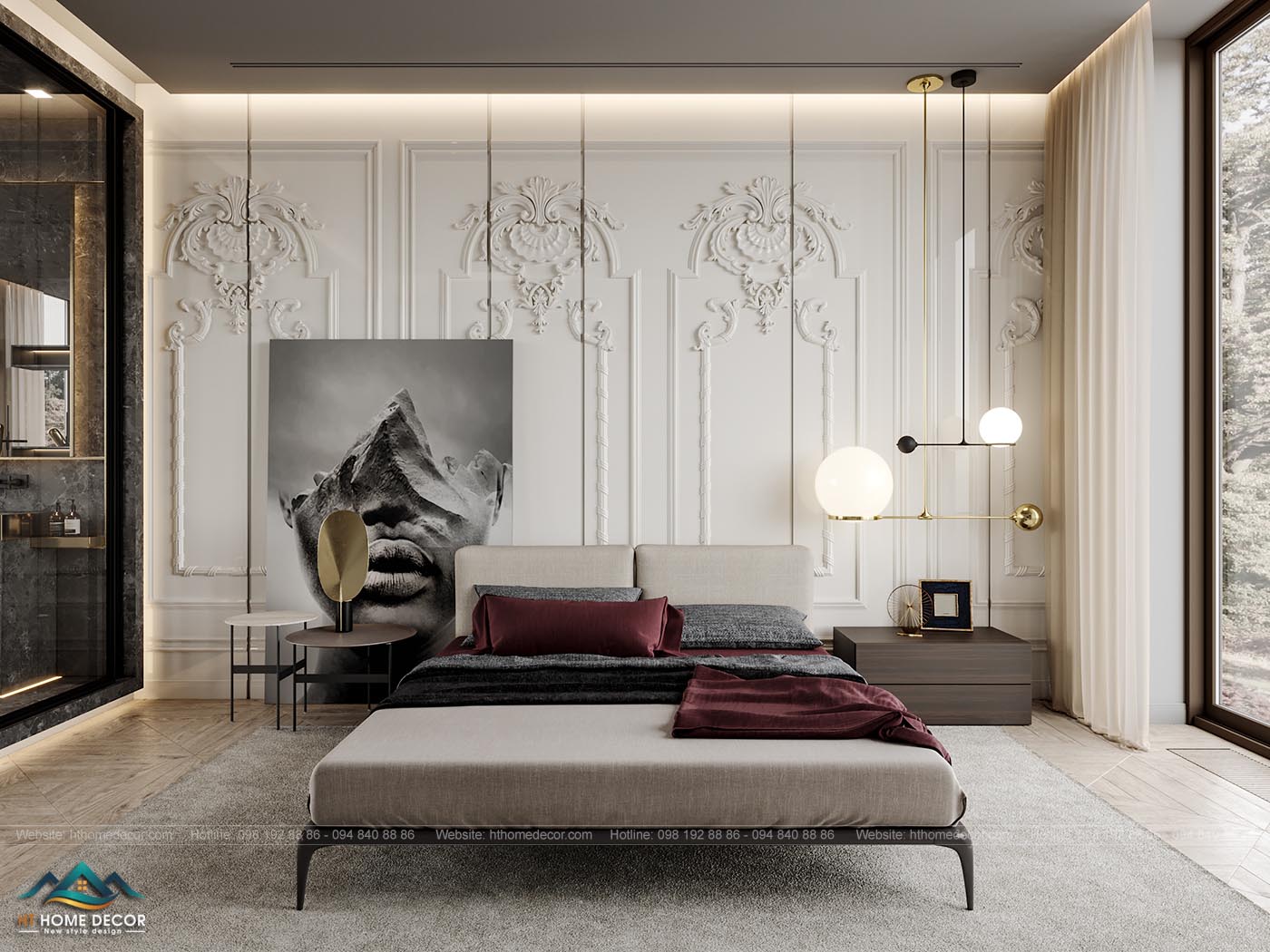 Phòng ngủ với tường được thiết kế hoa văn tinh tế, đem lại sự đẳng cấp cho thiết kế nội thất chung cư