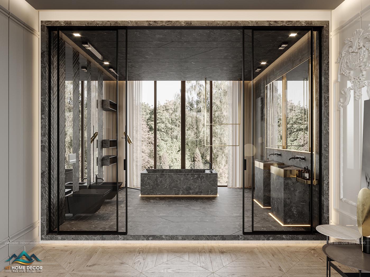 Màu ghi xám vân đá được chọn làm màu nền của phòng tắm, cửa kính trong ngắm nhìn được cây cối bên ngoài. Đây chính là điểm nhấn về tầm nhìn đẹp trong thiết kế nội thất chung cư này. 
