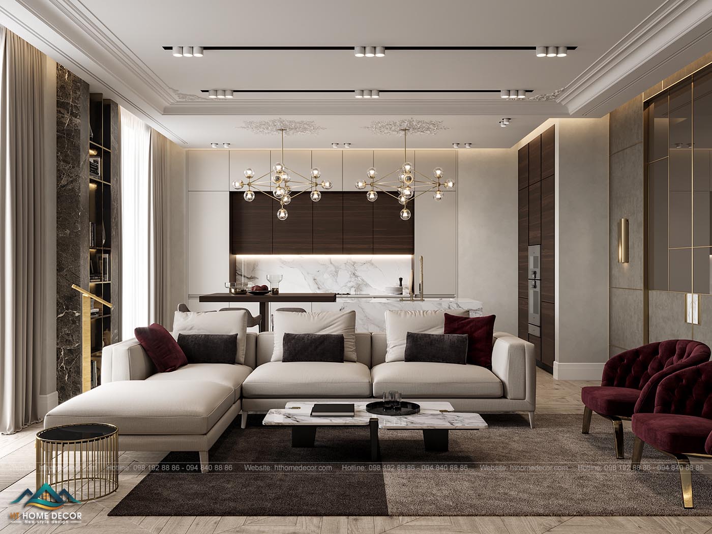 Sofa trắng kết hợp với gối tựa màu nâu, mang cùng tone màu hòa hợp với tổng thể thiết kế nội thất chung cư sang trọng này. 