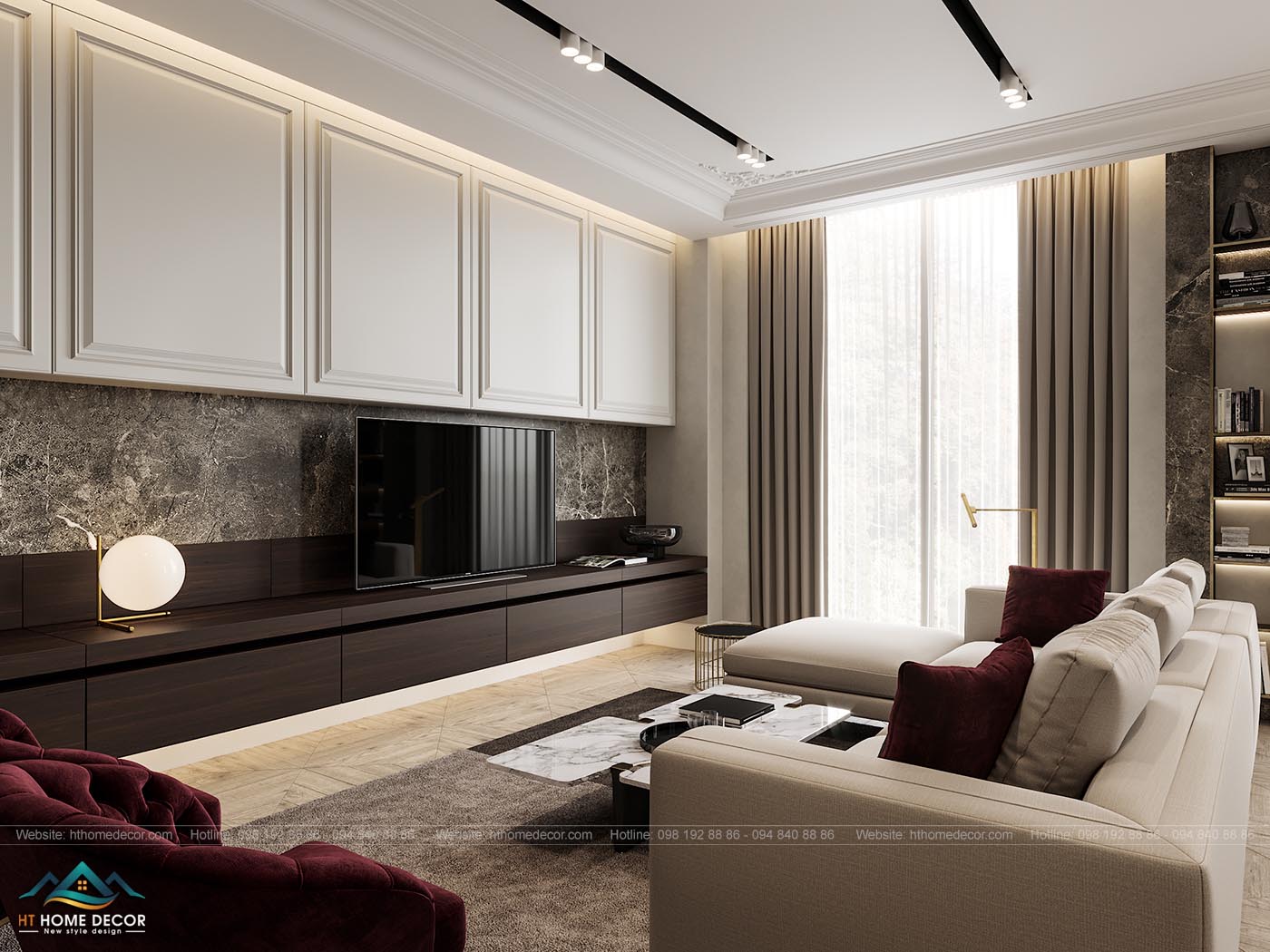 Ánh sáng tự nhiên, kết hợp với hệ thống đèn trần ánh vàng, đem lại không gian ấm áp cho toàn bộ thiết kế nội thất chung cư