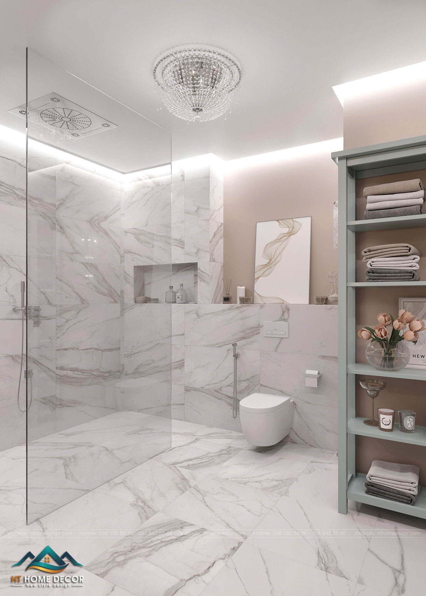 Có tường kính ngăn cách giữa nhà tắm và nhà vệ sinh. Cách ngăn này giúp cho nền nhà vệ sinh không bị ẩm ướt. Đá cẩm thạch sang trọng được dùng để lót sàn và ốp tường. 