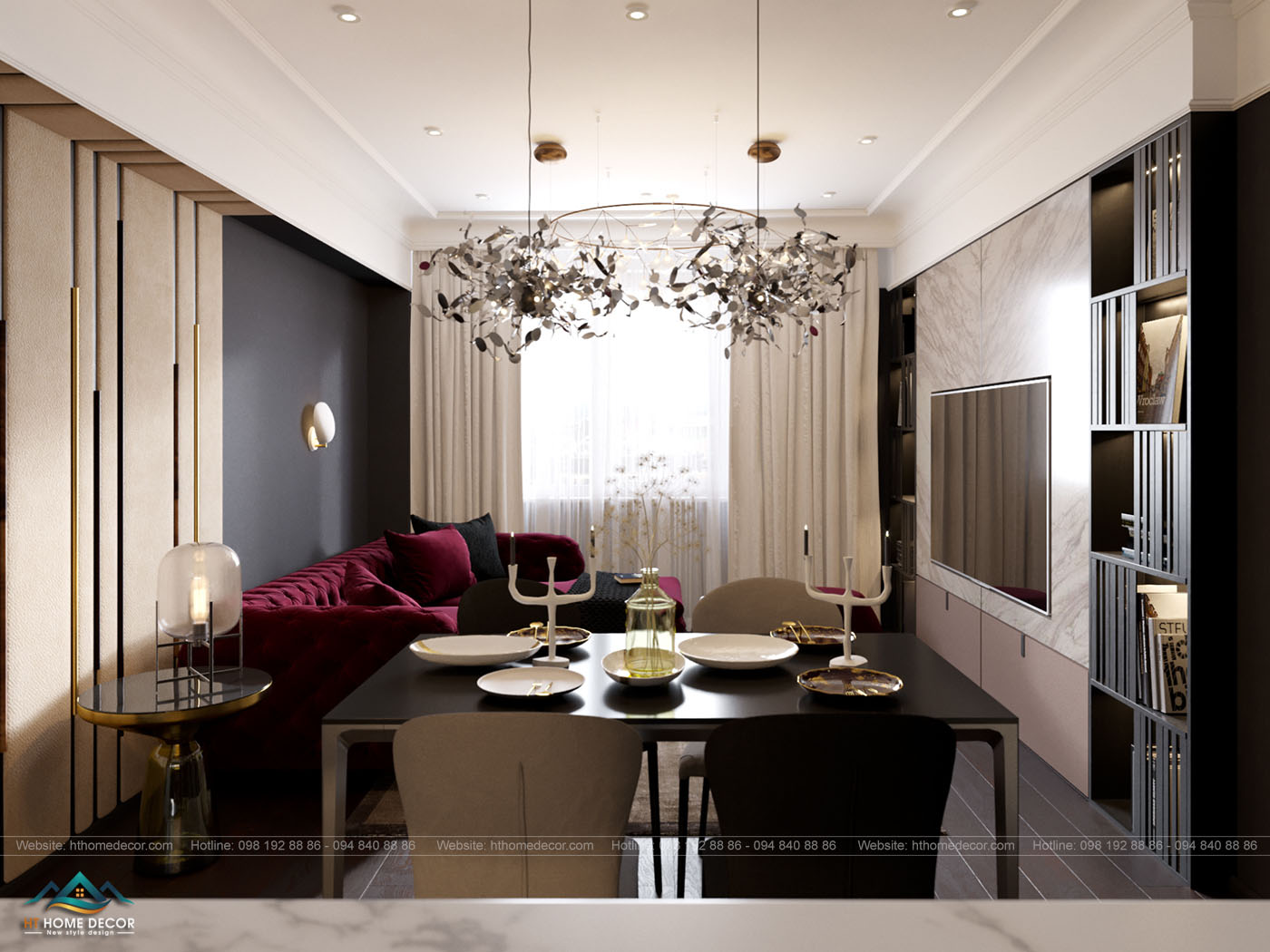 Sự đồng nhất màu sắc giữa bộ sofa và bàn ghế ăn giúp gắn kết phòng khách và phòng ăn được liền mạch xuyên suốt.
