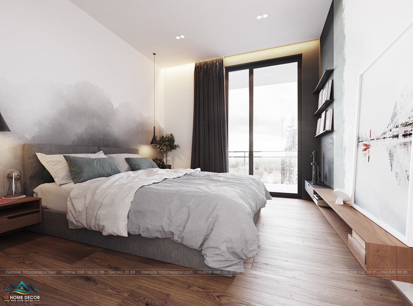 Căn phòng ngủ tối giản nội thất những vẫn đầy đủ cho nhu cầu sử dụng. Giường ngủ rộng đặt ở trung tâm sẽ mang giây phút nghỉ ngơi thư giãn cho gia đình.