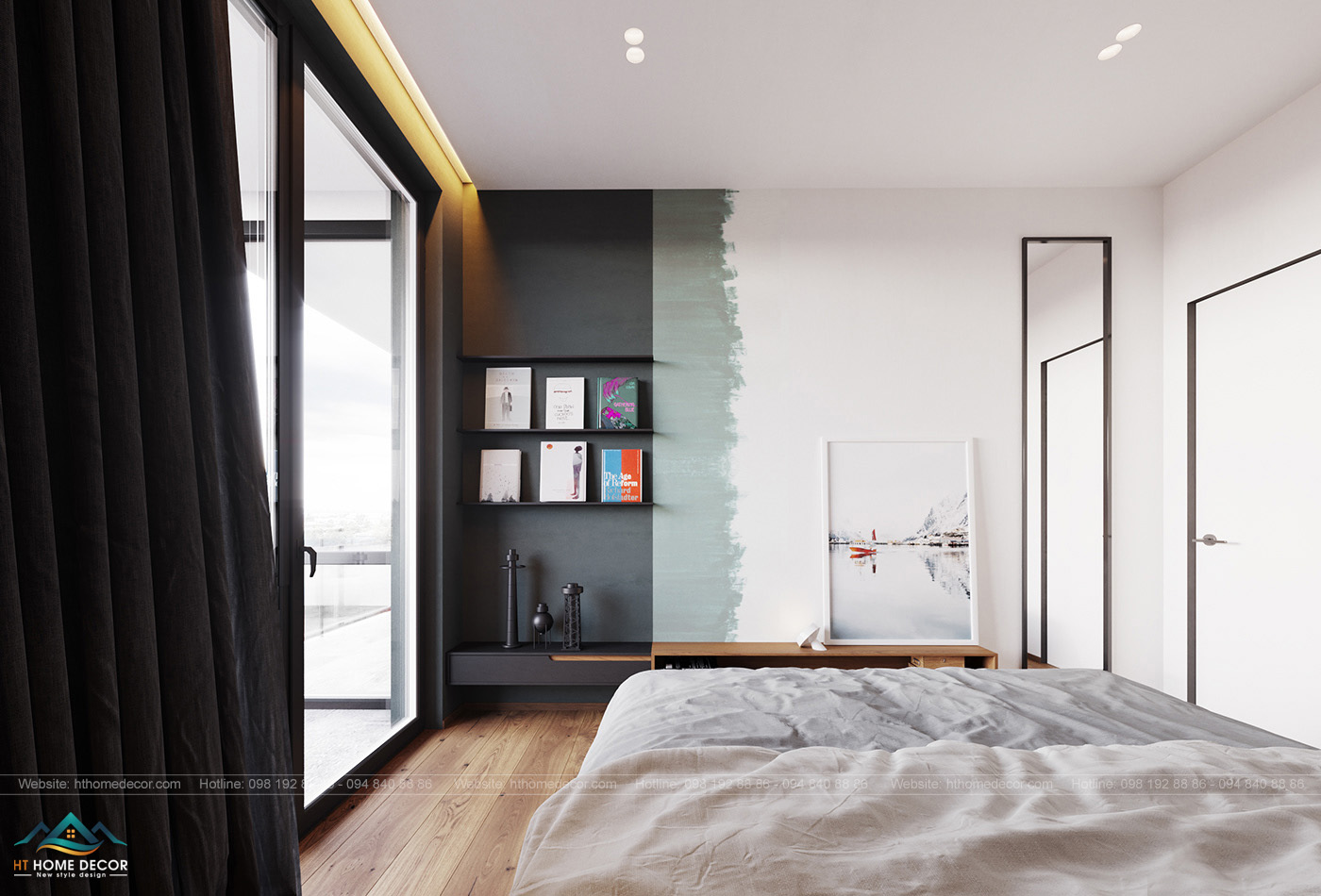 Tone phòng ngủ được lựa chọn làm các màu ghi xám từ đậm tới nhạt. Kiến trúc sư như một người họa sĩ tài ba. Vẽ lên nét đẹp tinh tế của nơi này.