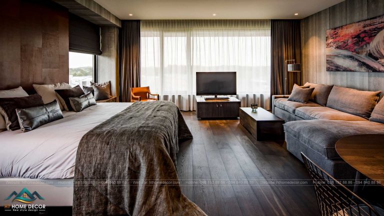 Thiết kế không gian phòng ngủ vô cùng dễ chịu với giường, nệm êm ái. Ngoài ra căn phòng này còn có cả Tivi, sofa dành cho những khách thích sự riêng tư.