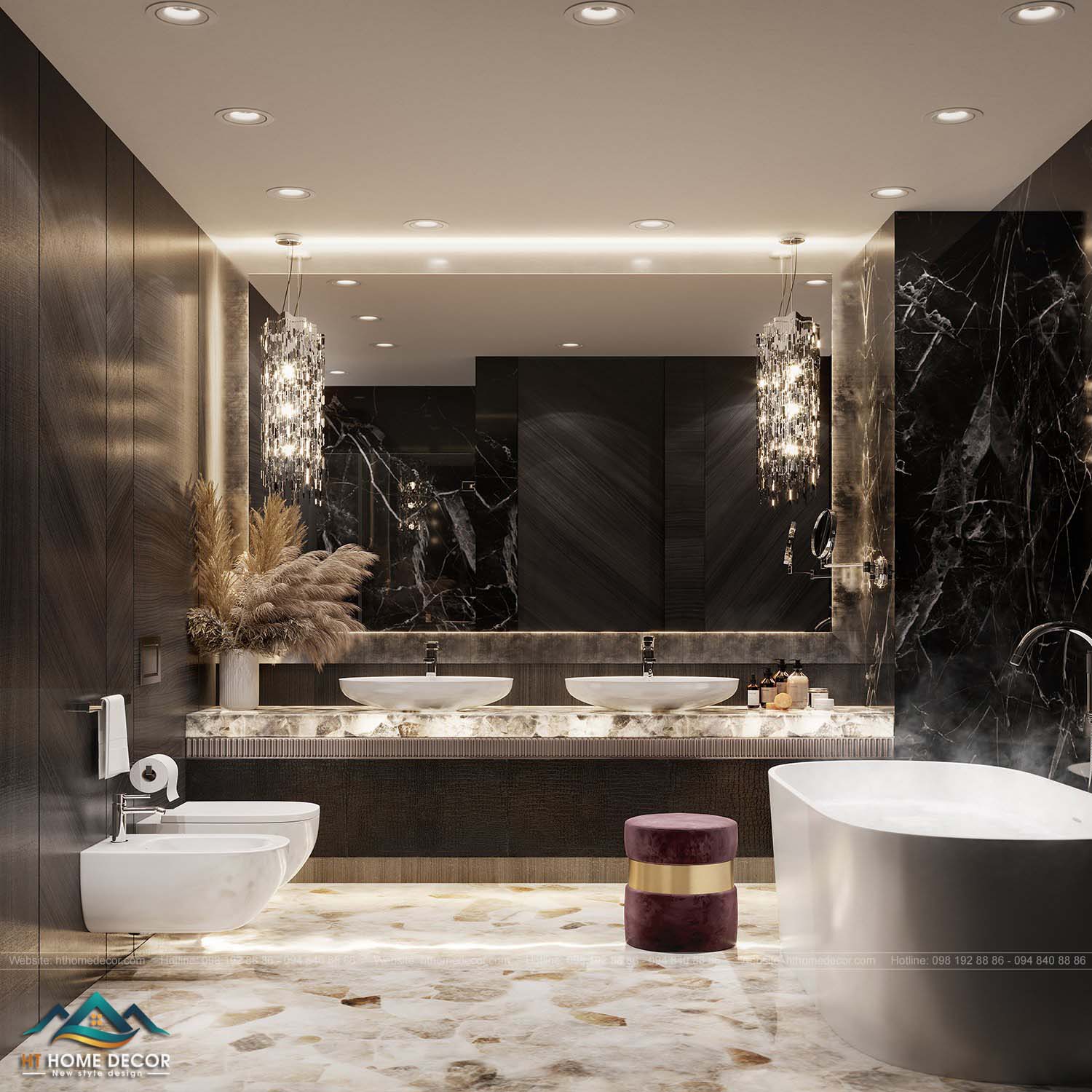 Phòng tắm là sự kết hợp giữa màu trắng và đen vân đá. Nét sang trọng cao cấp được thể hiện ngay trong cách bày trí hệ thống đèn cũng như vật dụng.
