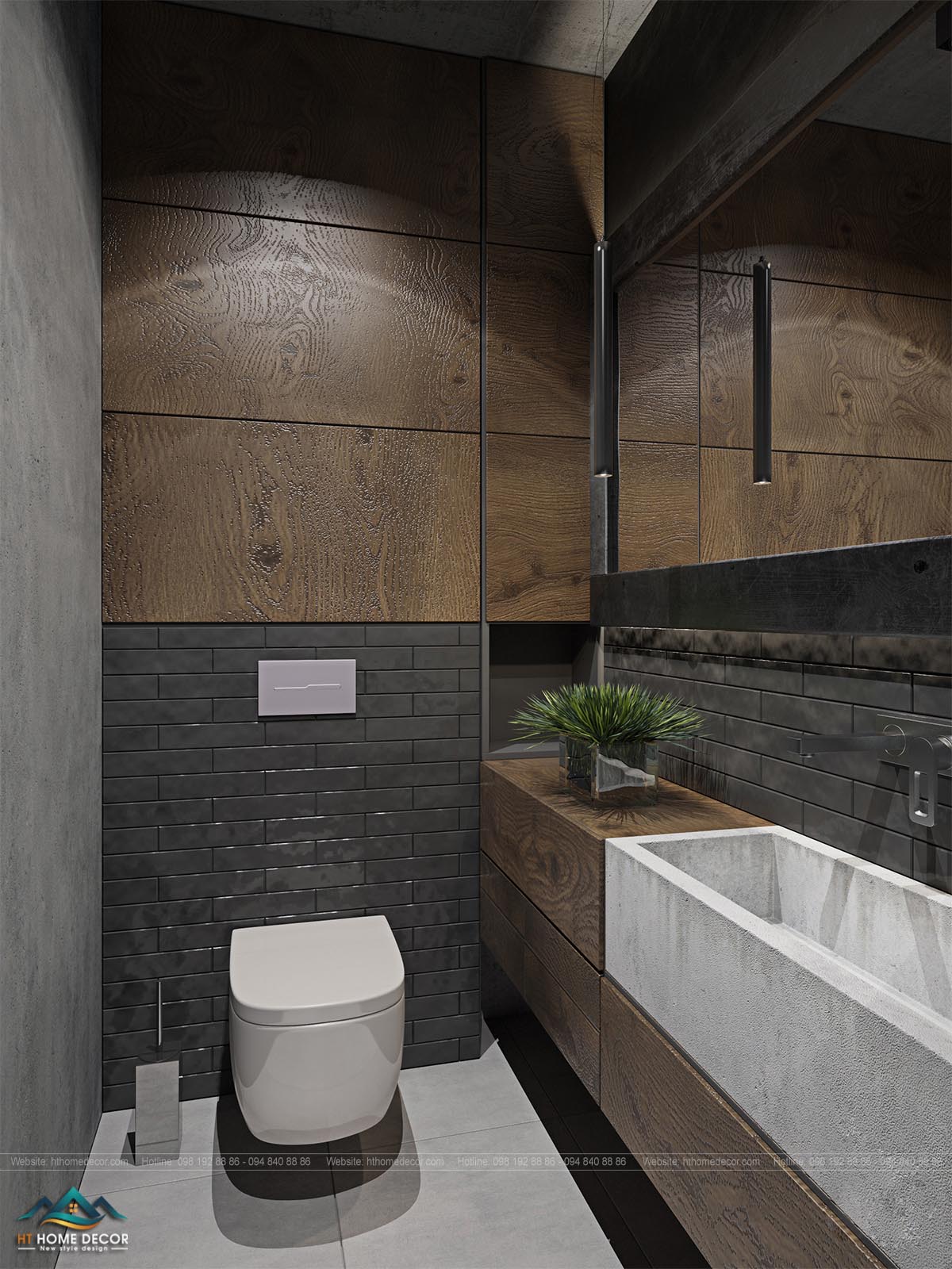 Tường nhà vệ sinh ốp gỗ và giả gạch. Đem lại cảm giác sạch sẽ khi sử dụng. Toilet dạng treo với hộc đựng nước được tiết giảm là lựa chọn hiện đại trong các căn chung cư luxury.