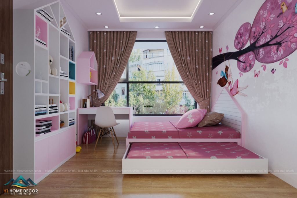 Phòng ngủ đầy màu sắc. Không gian này chắc chắn được sử dụng cho các bé gái rồi.