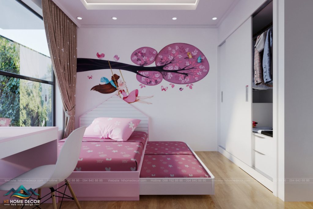 Tường trang trí những hình vẽ nhí nhảnh mà bắt mắt. Thiết kế có ngăn kéo của giường vô cùng độc đáo.