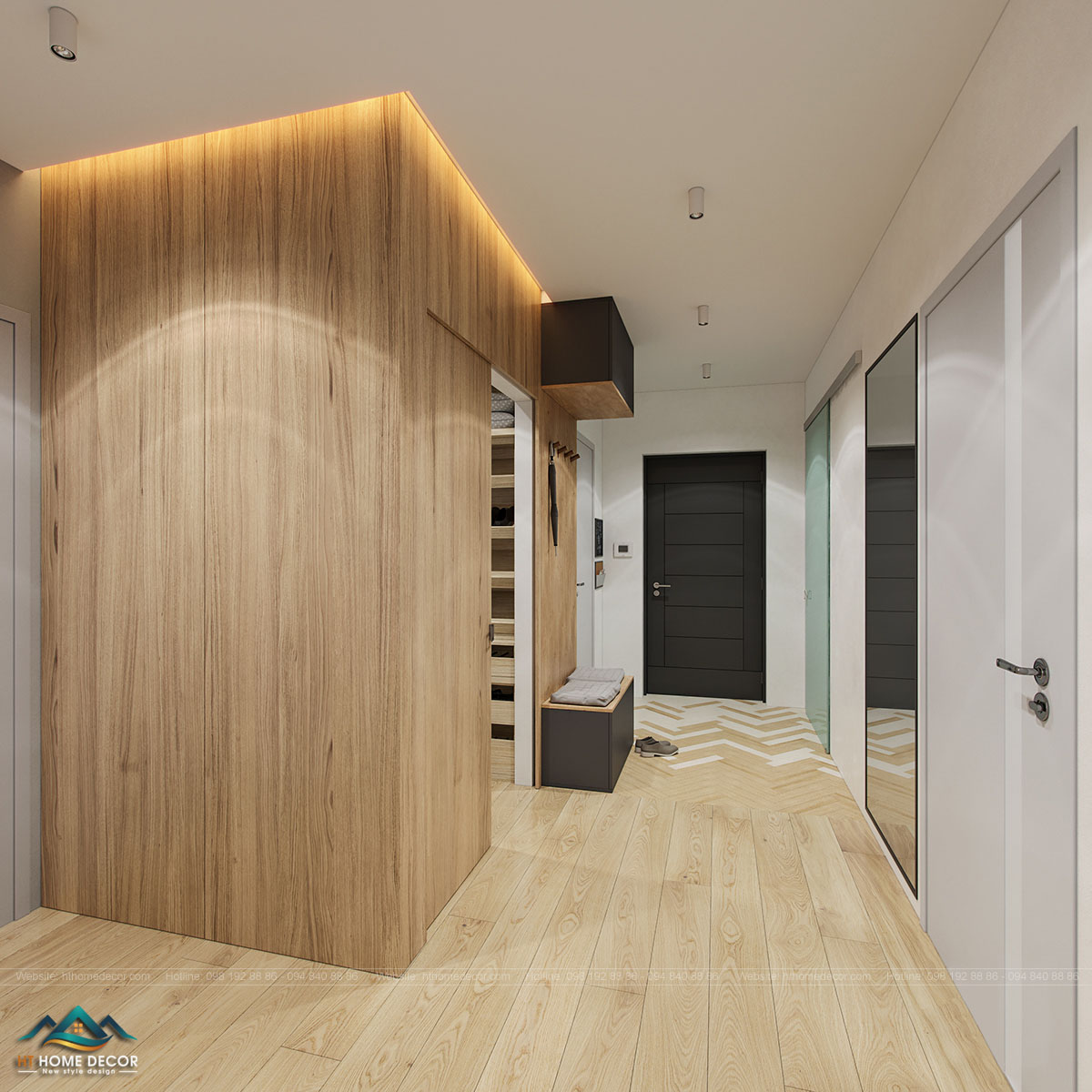 Gỗ rất được ưa chuộng cho không gian sống của căn hộ. Cả sàn và tường đều lót gỗ cho cảm giác trơn tru sạch sẽ.
