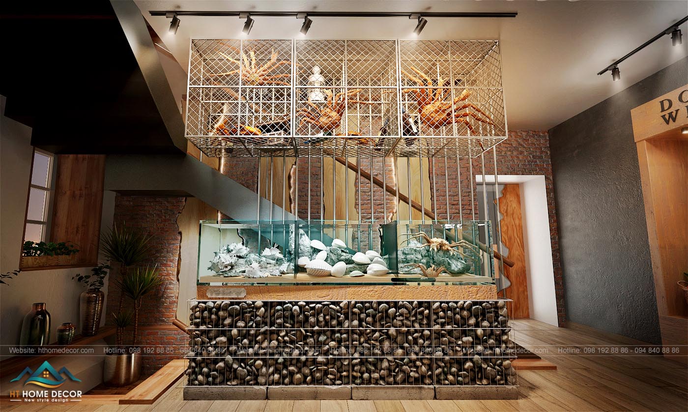 Hồ san hô và lồng chứa mô hình cua hoàng đế. Đây chính là cách quảng cáo đây ấn tượng cho món ăn sang chảnh và được ưng ý nhất nhà hàng.