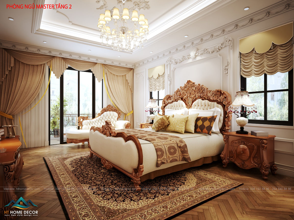 Phòng ngủ dành cho bố mẹ ở tầng 2. Giường master rộng rãi và thoải mái. Tất cả nội thất đều cho cảm giác vô cùng quyền uy như ông hoàng bà chúa.