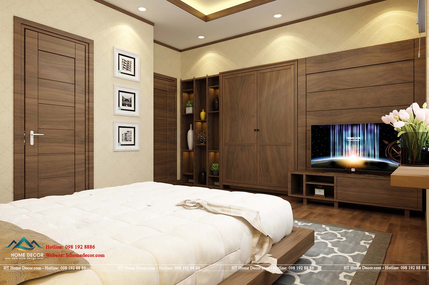 Lấy gam màu chủ đạo của căn phòng là gam màu trắng và màu nâu của gỗ, tạo nên sự sang trọng và hiện đại.