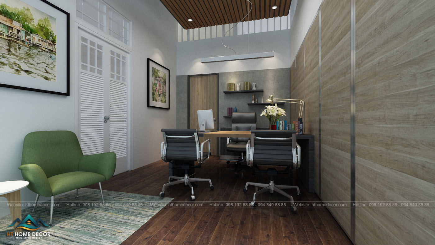 Phòng của sếp được thiết kế độc đáo,kết hợp giữa tường trắng và gỗ. Đem lại không gian nhã nhặn sang trọng,nhưng cũng giản dị. Bên cạnh là những bức tranh toát lên phong thái cho người chức cao.