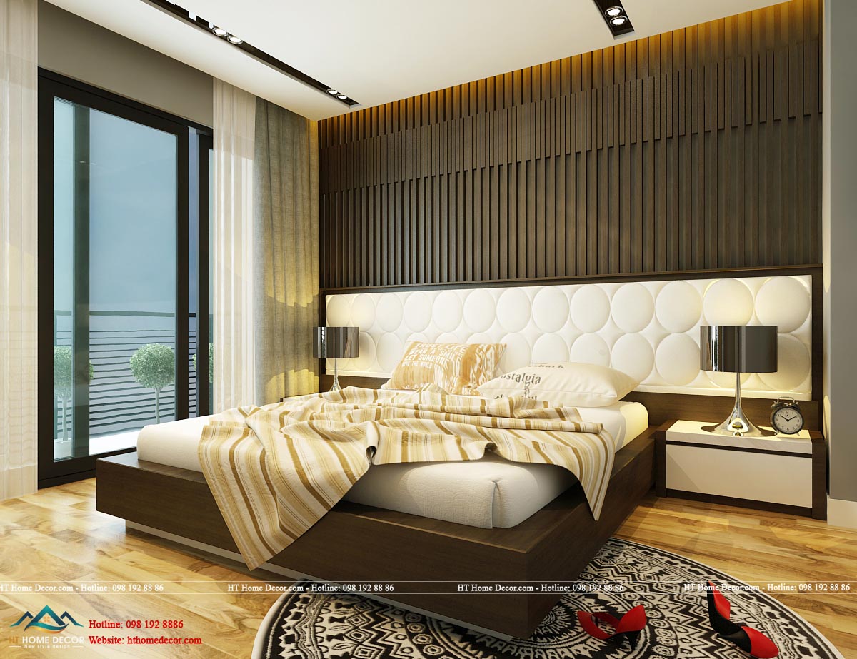 Không gian căn phòng ngủ trong nội thất biệt thự Ciputra. Tấm thảm thổ cẩm tạo nên sự ấm áp và độc đáo cho không gian.