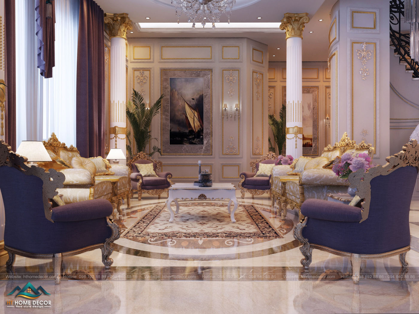 Nội thất tân cổ điển phù hợp với không gian biệt thự lớn. Màu vàng đồng kết hợp với màu trắng cho biệt thự một không gian hoàng gia.