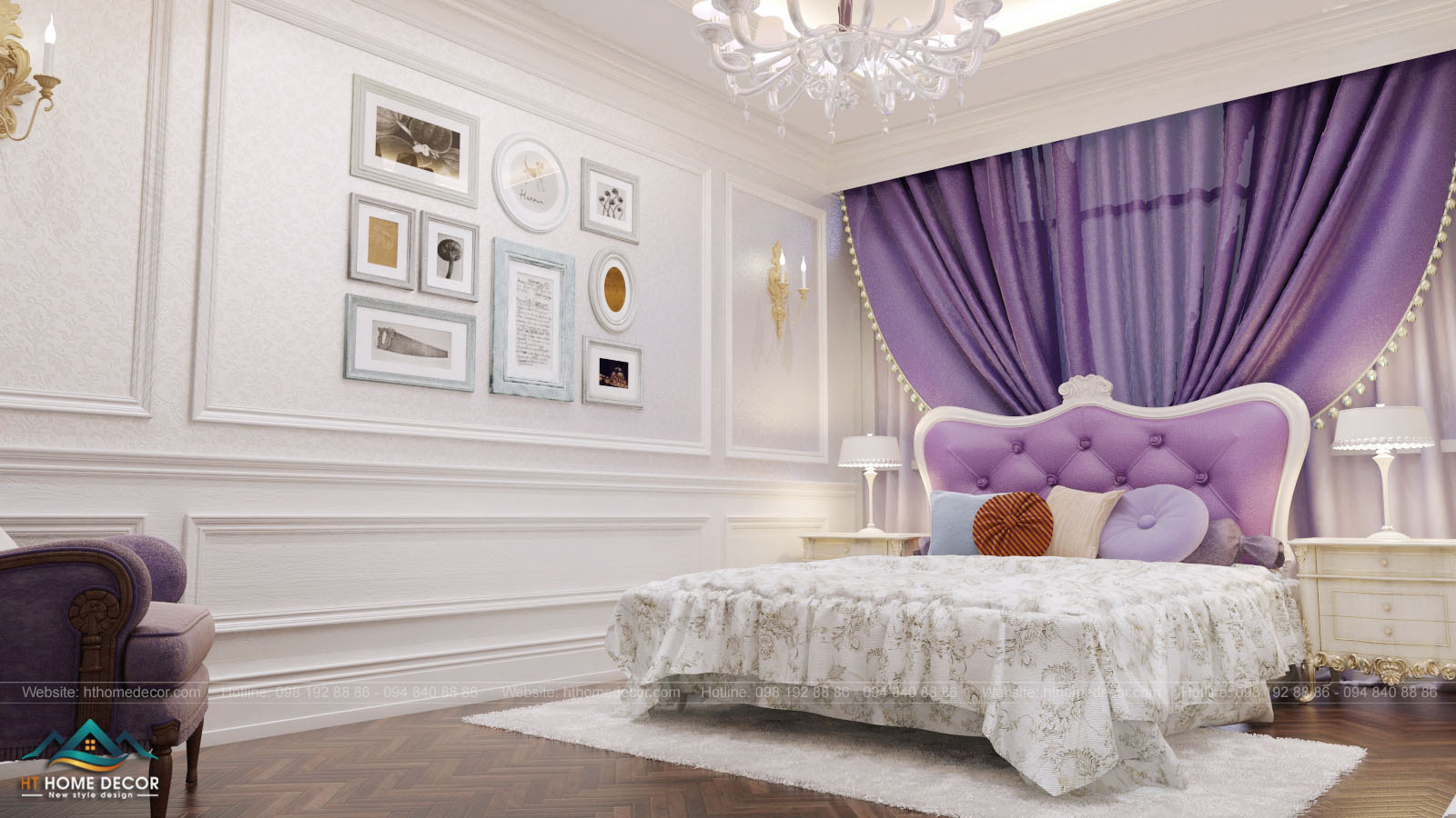 Phòng ngủ cho con gái được thiết kế rộng rãi, tấm rèm màu tím đã tạo nên điểm nhấn cho không gian trắng.
