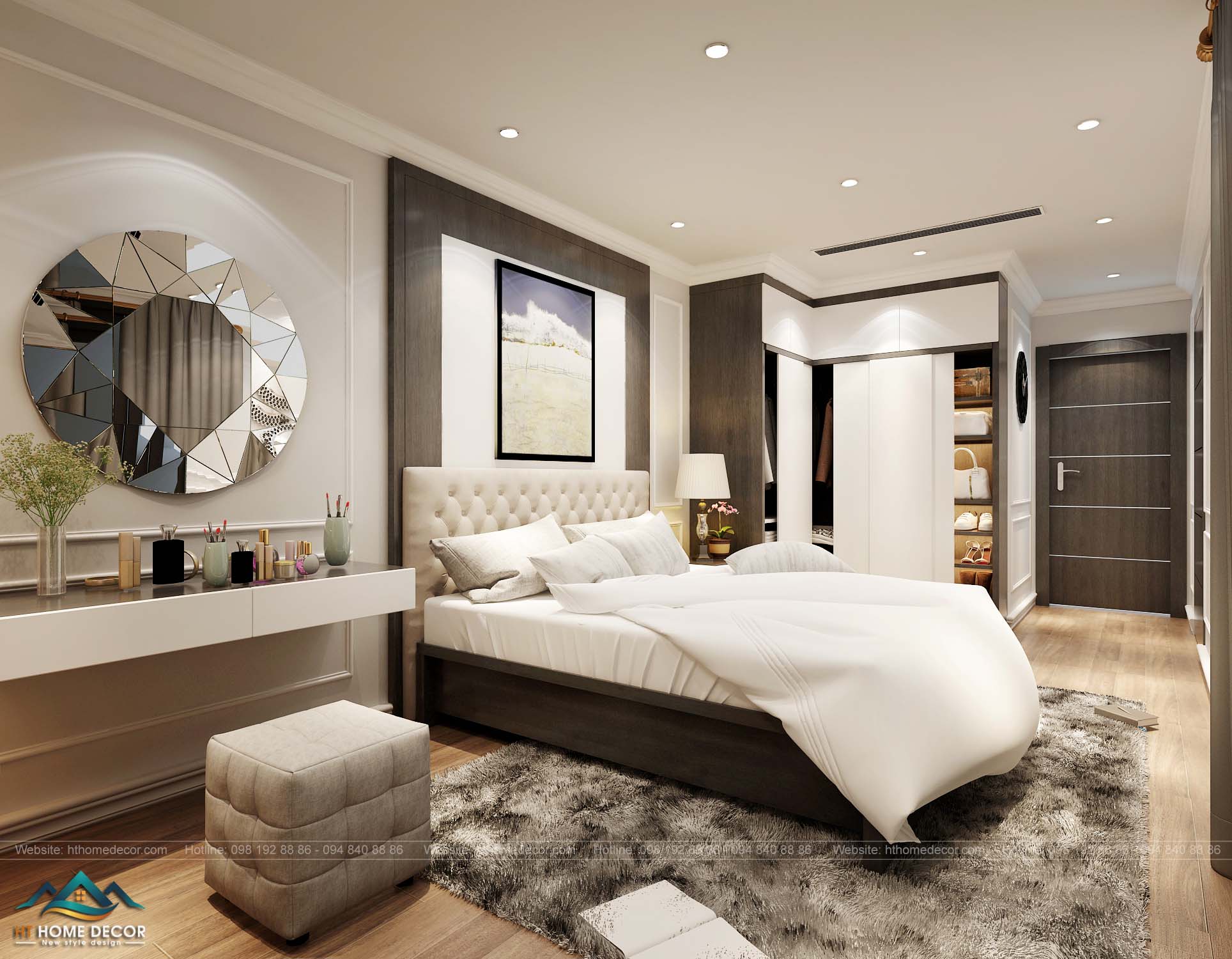Chiếc thảm xám lông chuột giúp cho căn phòng thêm kiêu sa lộng lẫy giữa một nội thất hiện đại.