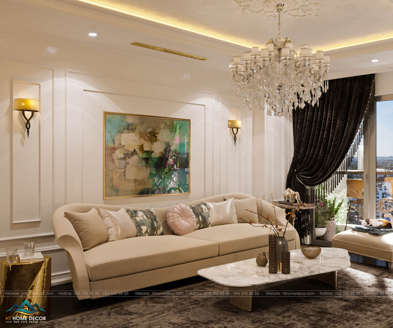 Sofa cùng bàn kính màu kem tôn lên sự sang trọng đẳng cấp trong thiết kế nội thất chung cư.
