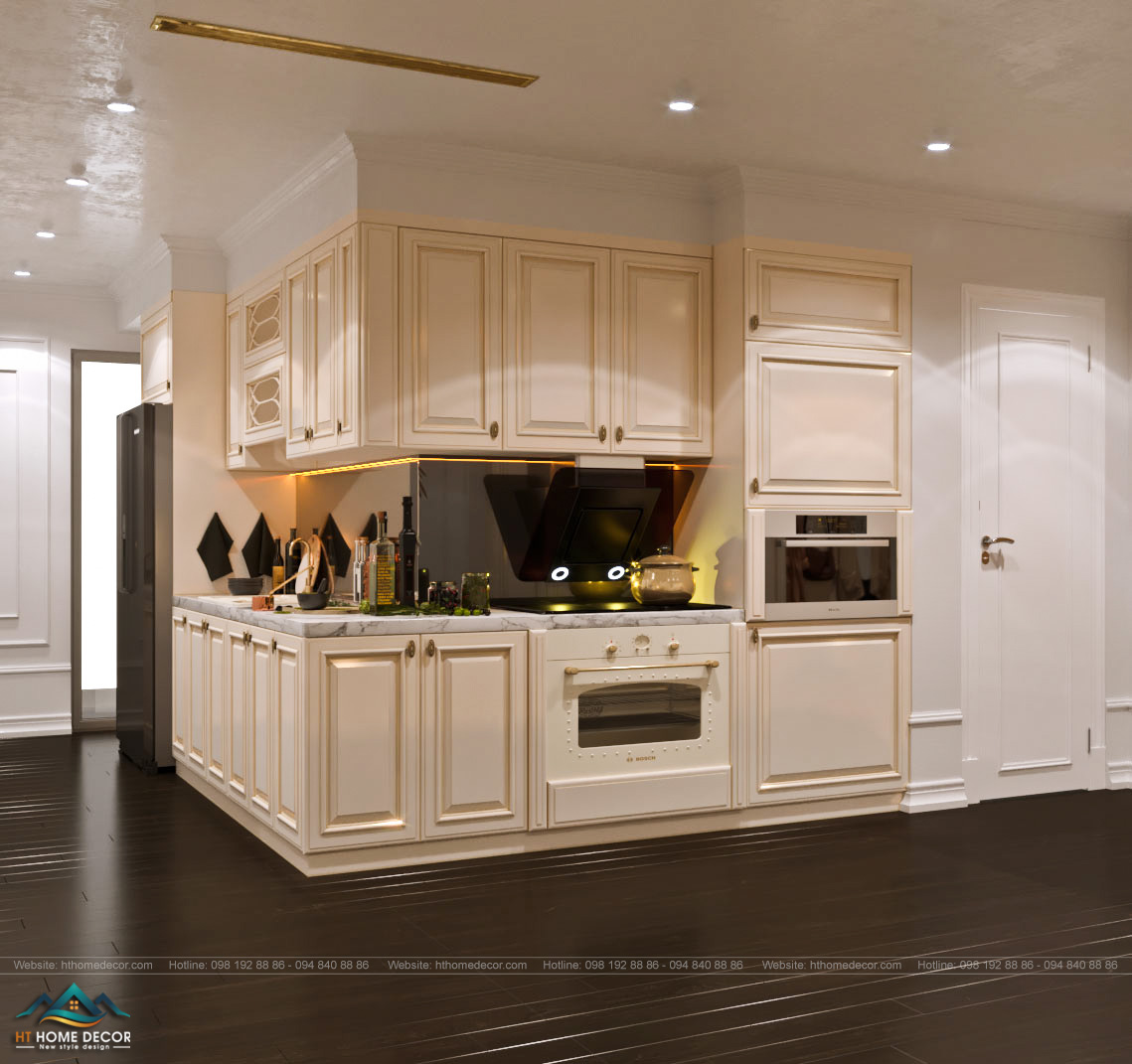 Tủ bếp cũng mang màu kem nhẹ nhàng, đơn giản, tạo nên không gian ấm áp cho thiết kế nội thất chung cư.