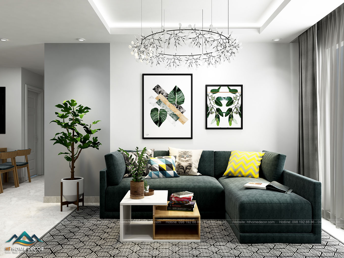 Trực diện căn phòng khách của chung cư nhỏ xinh. Bộ sofa chiếm không gian lớn nhất. Với tông màu nhẹ, tông màu của thiên nhiên đem đến sự gần gũi và cực thân thiện trong ngôi nhà.