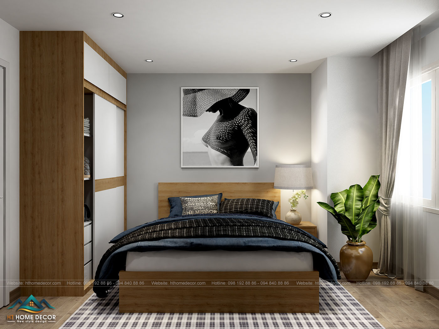 Căn phòng ngủ rộng và thoáng đãng với chậu cây xanh cạnh đầu giường. Tủ quần áo được xếp gọn một bên, tiện lợi và vô cùng hiện đại.