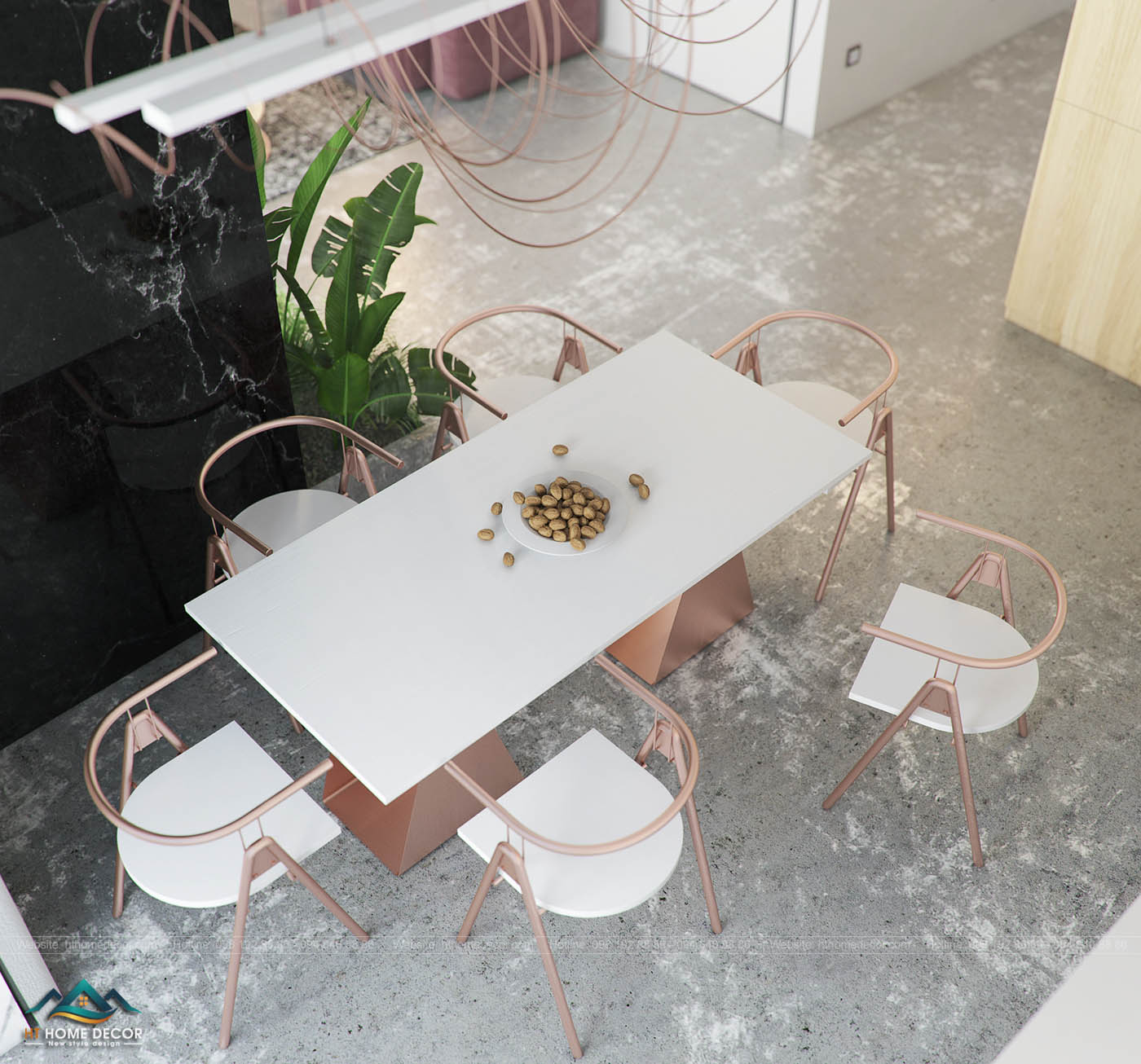 Bộ bàn ghế kiểu cách đơn giản với gam màu trắng- vàng đồng tạo nên không gian bếp cổ điển nhưng có chút gì đó hiện đại bắt mắt.