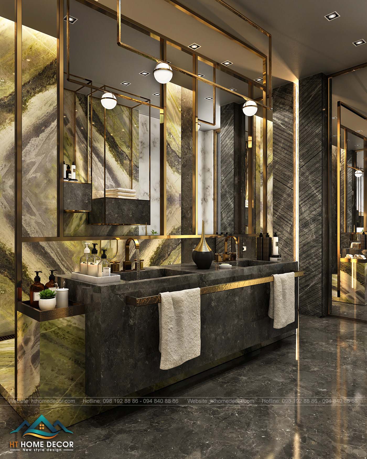 Gam màu xám đen cùng những họa tiết vàng đồng đem lại một không gian hoàn toàn khác biệt so với gian phòng trên.