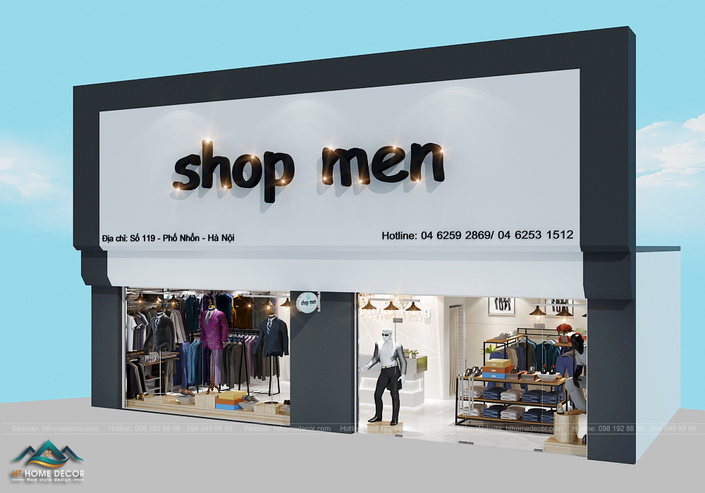 Mặt tiền rộng rãi thoáng mát của shop quần áo dành cho nam giới. Điều này giúp cho shop thu hút được sự chú ý của khách hàng qua đường