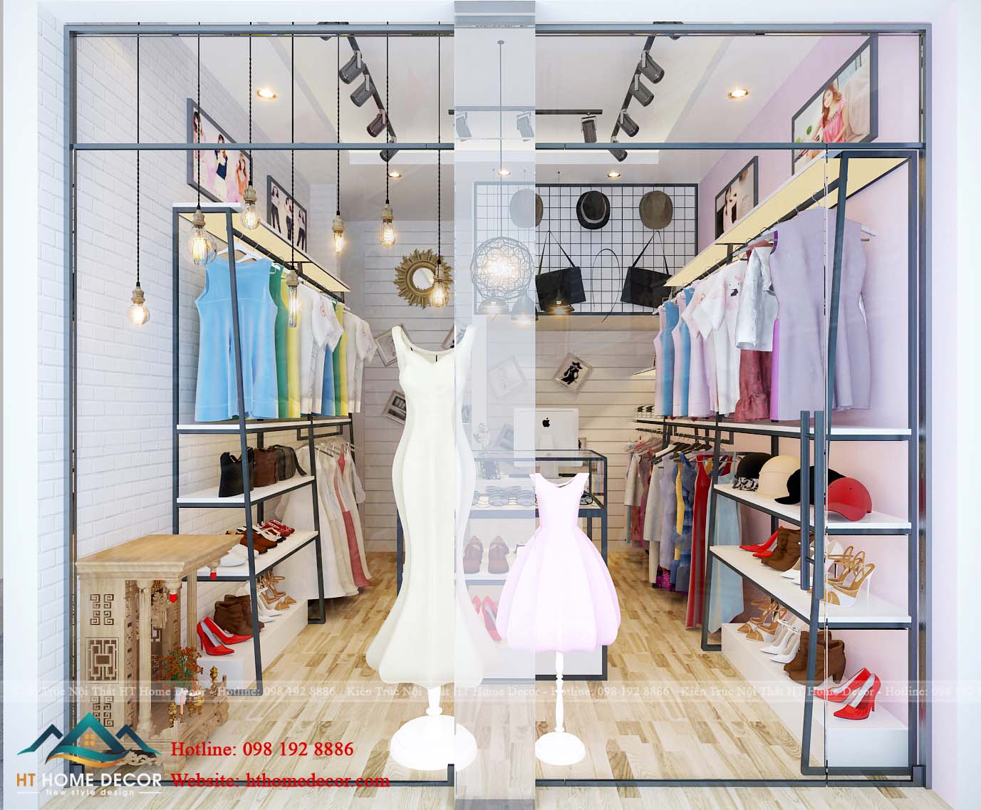 Cửa ngoài của shop thời trang nữ được thiết kế bằng kính. Điều này giúp cho quán khoe trọn vẹn thiết kế đẹp bên trong