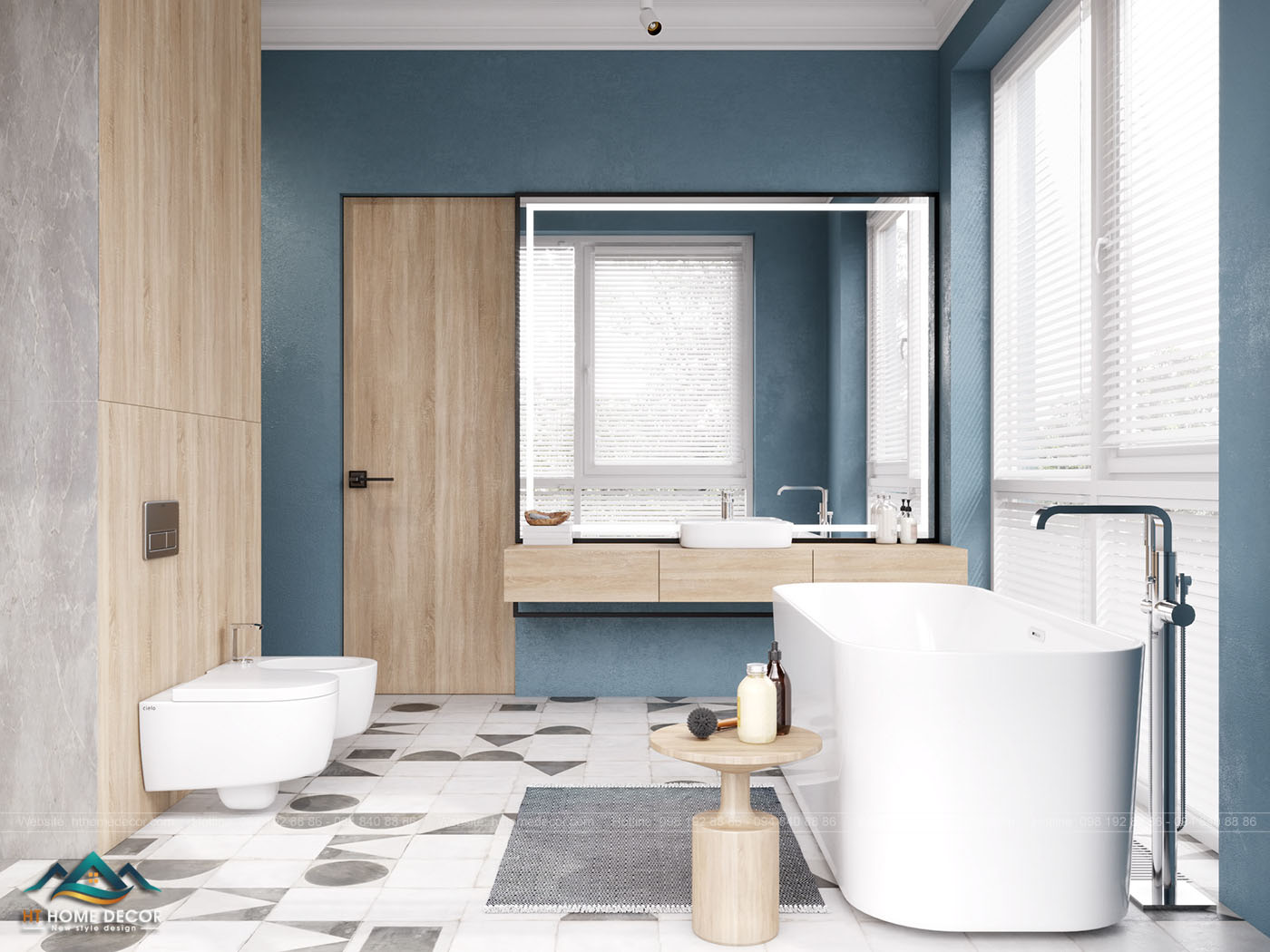 Nếu tone xanh lá của phòng khác hướng về cây cối. Thì tone xanh dương của  phòng tắm sẽ hướng về bầu trời. Phòng tắm rộng rãi sử dụng những đồ vật gỗ thân thiện với thiên nhiên.