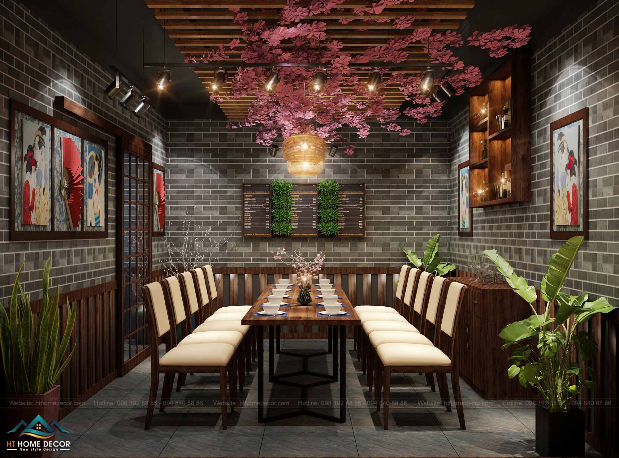 12.	Menu sang trọng của nhà hàng Nhật được gắn trên tường. Vừa để trang trí vừa tiện lợi cho khách order các món ăn.