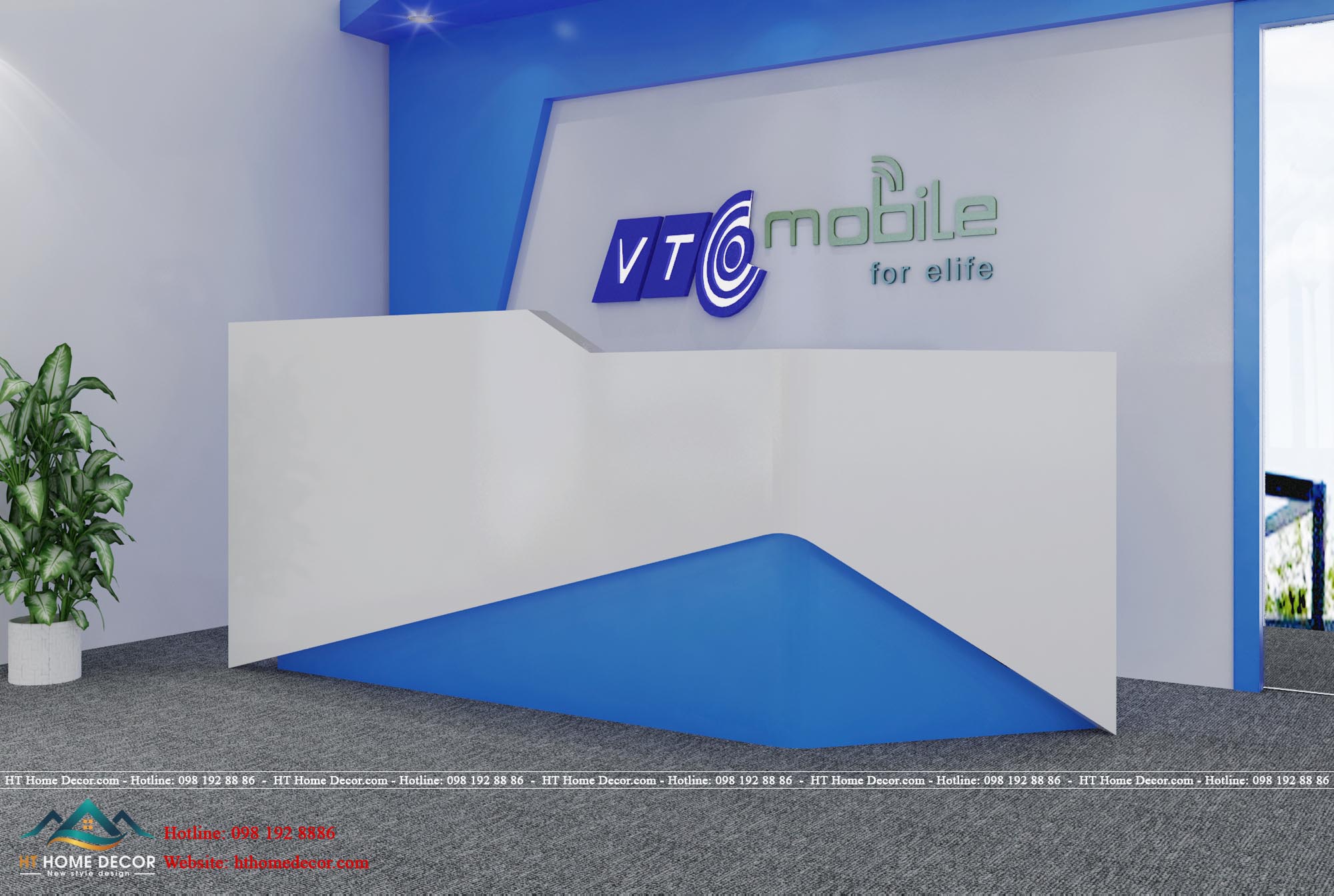 Toàn cảnh chính diện nội thất văn phòng VTC Mobile. Nổi bật với thương hiệu với nền trắng và gam chữ xanh đậm, xanh lá cây.
