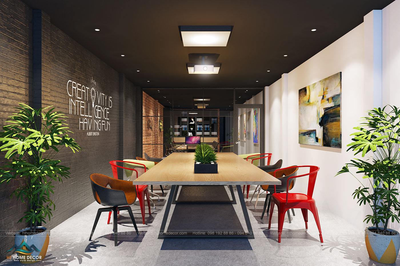 Văn phòng gồm một gian làm việc chung cho các thành viên. Một chiếc bàn chung dài và rộng giúp tương tác lẫn nhau tốt hơn. Thiết kế này của văn phòng xóa đi khoảng cách giữa sếp và nhân viên. Thúc đẩy chất lượng của sản phẩm. Tranh lớn với các màu sắc bắt mắt được dùng để trang trí tường.